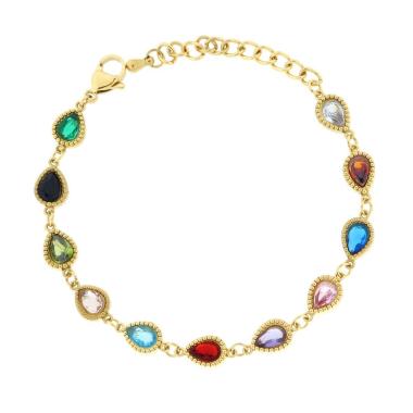 Bracciale con Catena di Gocce e Crystal Multicolor in ACCIAIO colore Oro<BR>