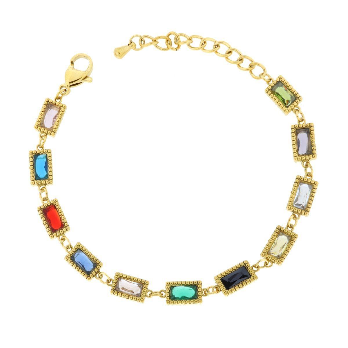 Bracciale con Catena di Rettangoli e Crystal Multicolor in ACCIAIO colore Oro<BR>