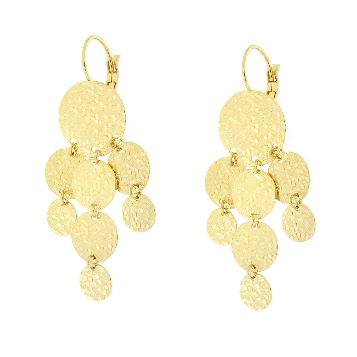 Orecchini Chandelier con Piastre Tonde Martellate pendenti in ACCIAIO colore Oro<BR>