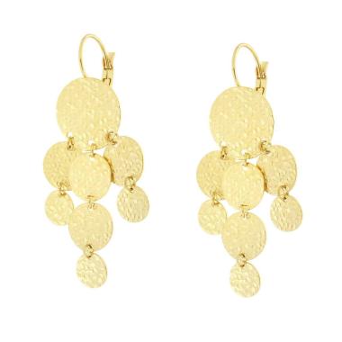 Orecchini Chandelier con Piastre Tonde Martellate pendenti in ACCIAIO colore Oro<BR>