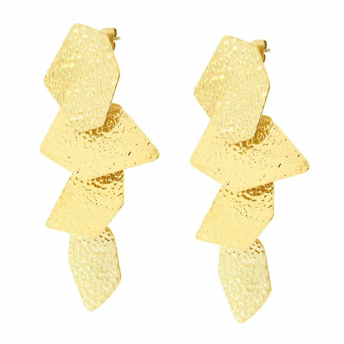 Orecchini Lunghi con Piastre irregolari Martellate pendenti in ACCIAIO colore Oro<BR>