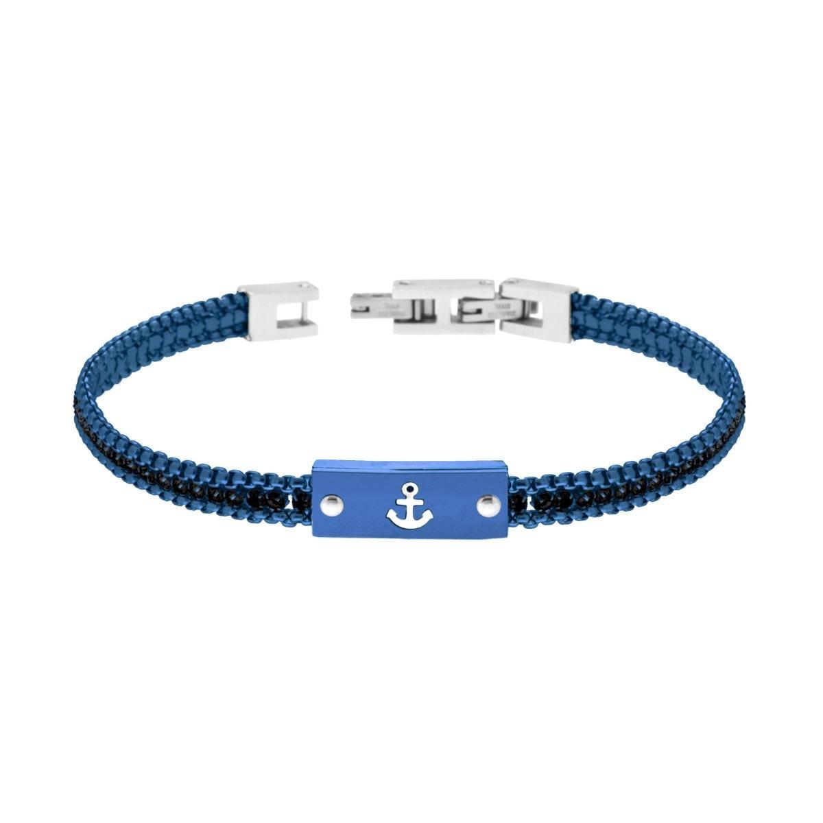 Bracciale Uomo Catena Veneziana Tonda colore Blu con Tennis Crystal Neri e Targa con Ancora in ACCIAIO <BR>