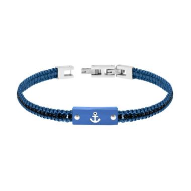 Bracciale Uomo Catena Veneziana Tonda colore Blu con Tennis Crystal Neri e Targa con Ancora in ACCIAIO <BR>