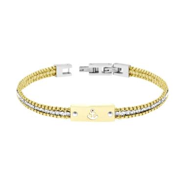 Bracciale Uomo Catena Veneziana Tonda colore Oro con Tennis Crystal Bianchi e Targa con Ancora in ACCIAIO <BR>