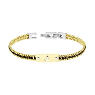 Bracciale Uomo Catena Veneziana Tonda colore Oro con Tennis Crystal Neri e Targa con Ancora in ACCIAIO colore Oro<BR>