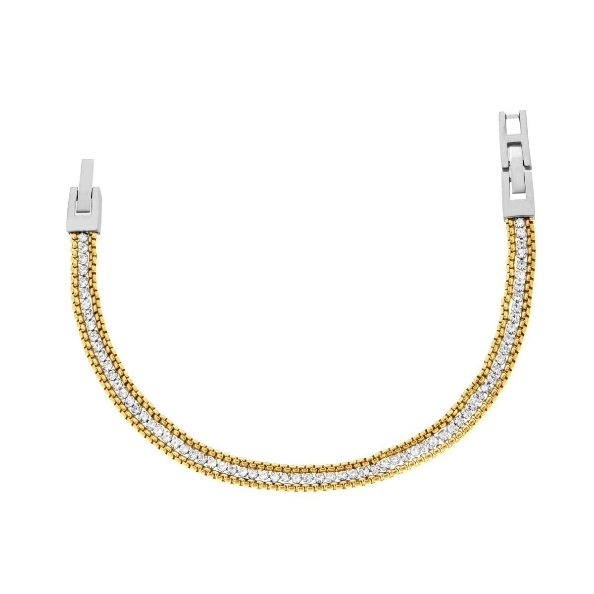 Bracciale Catena Veneziana Tonda colore Oro con Tennis Crystal Bianchi in ACCIAIO<BR>