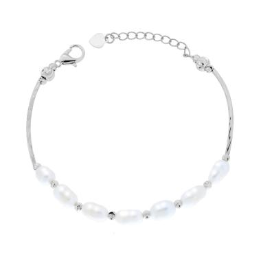 Bracciale Semirigido con Canna Diamantata e Catena di Perle Scaramazza Bianche in ACCIAIO