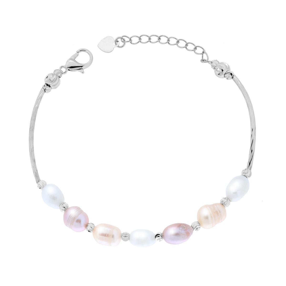 Bracciale Semirigido con Canna Diamantata e Catena di Perle Scaramazza Multicolor toni del Rosa in ACCIAIO<BR>