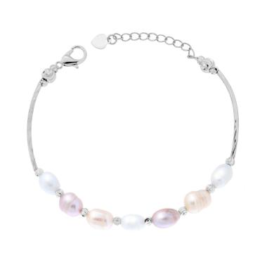 Bracciale Semirigido con Canna Diamantata e Catena di Perle Scaramazza Multicolor toni del Rosa in ACCIAIO