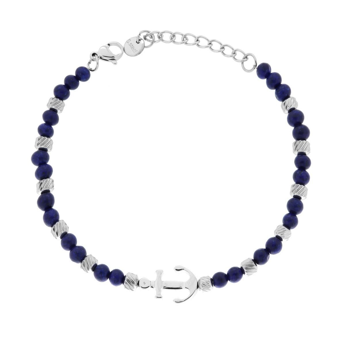 Bracciale Catena con Cilindri Diamantati alternati a Pietre colore Lapis Lazuli Blue e Ancora centrale in ACCIAIO<BR>