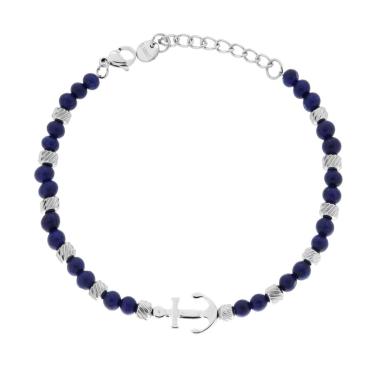 Bracciale Catena con Cilindri Diamantati alternati a Pietre colore Lapis Lazuli Blue e Ancora centrale in ACCIAIO