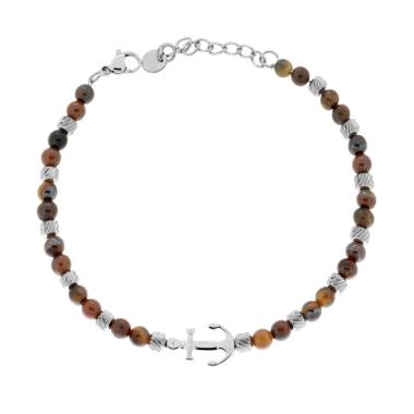 Bracciale Catena con Cilindri Diamantati alternati a Pietre colore Occhio di Tigre e Ancora centrale in ACCIAIO