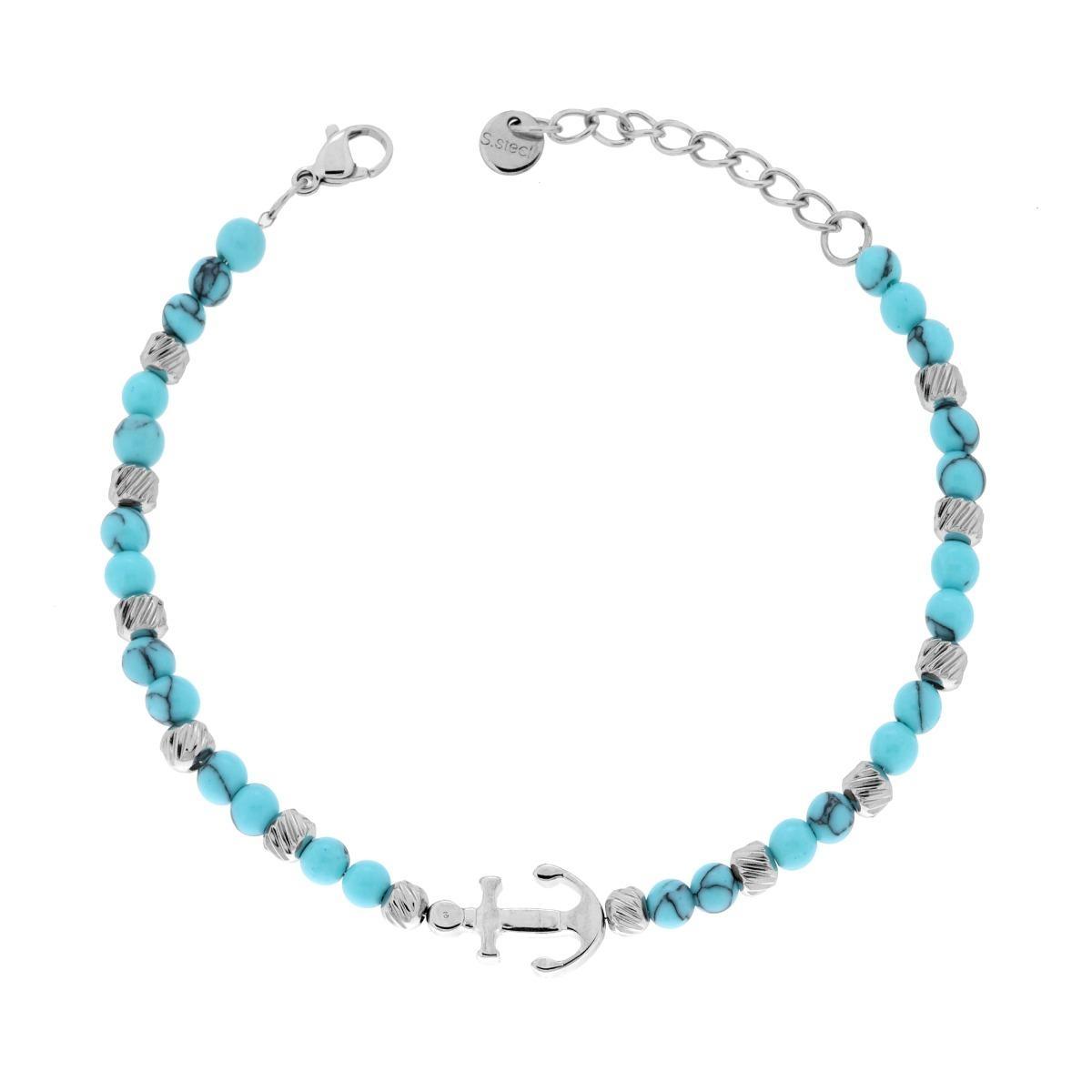 Bracciale Catena con Cilindri Diamantati alternati a Pietre colore Turchese e Ancora centrale in ACCIAIO<BR>