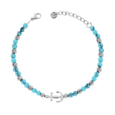 Bracciale Catena con Cilindri Diamantati alternati a Pietre colore Turchese e Ancora centrale in ACCIAIO
