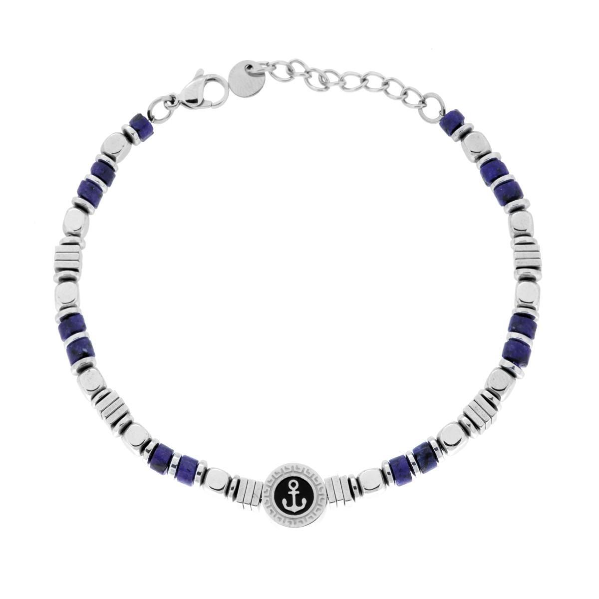 Bracciale Catena con Cubetti alternati a Pietre Cilindriche colore Blu Lapislazzuli e Tondo con Ancora centrale in ACCIAIO<BR>