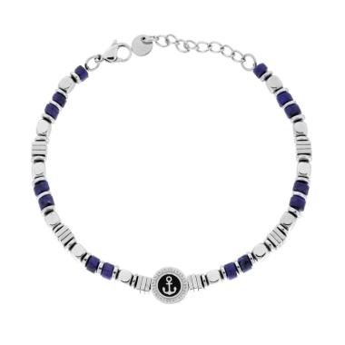 Bracciale Catena con Cubetti alternati a Pietre Cilindriche colore Blu Lapislazzuli e Tondo con Ancora centrale in ACCIAIO