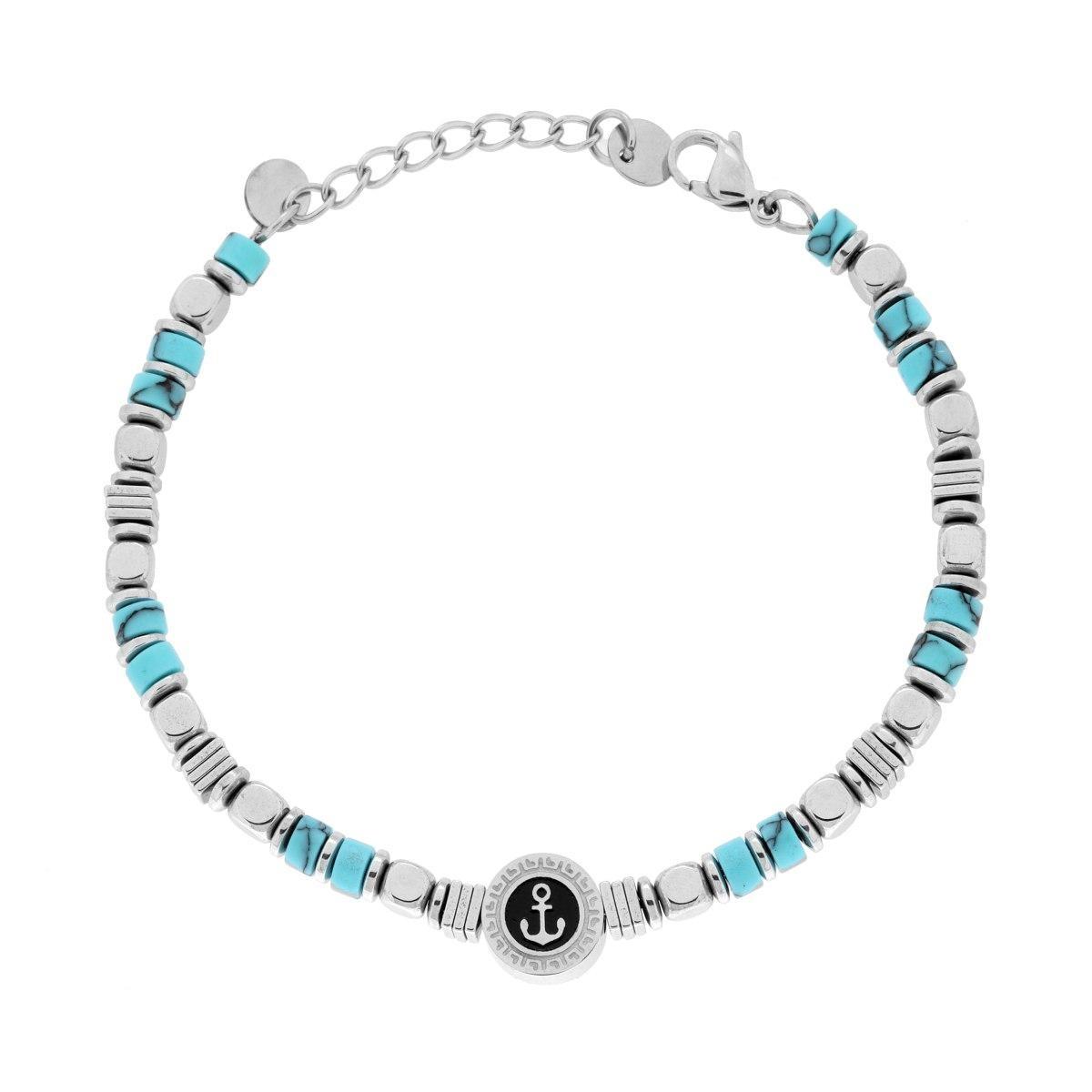 Bracciale Catena con Cubetti alternati a Pietre Cilindriche colore Turchese e Tondo con Ancora centrale in ACCIAIO<BR>