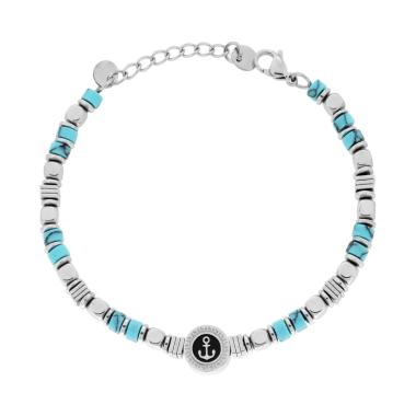 Bracciale Catena con Cubetti alternati a Pietre Cilindriche colore Turchese e Tondo con Ancora centrale in ACCIAIO<BR>