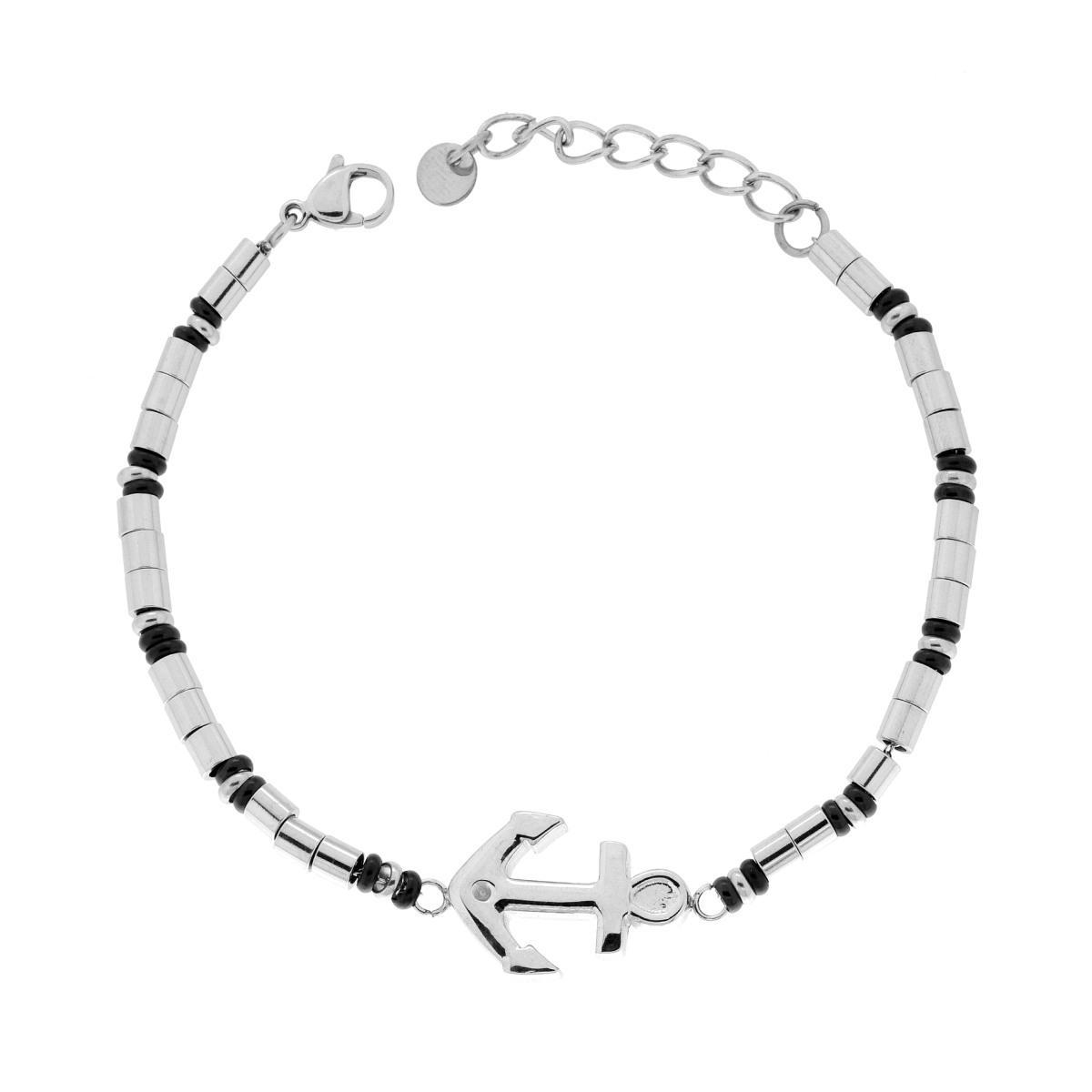 Bracciale Catena con Cilindri alternati ad Anelli Neri e Ancora centrale in ACCIAIO<BR>