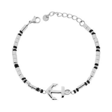 Bracciale Catena con Cilindri alternati ad Anelli Neri e Ancora centrale in ACCIAIO