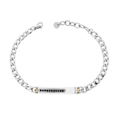Bracciale Catena Grumetta Diamantata con Targa e Crystal Nero in ACCIAIO