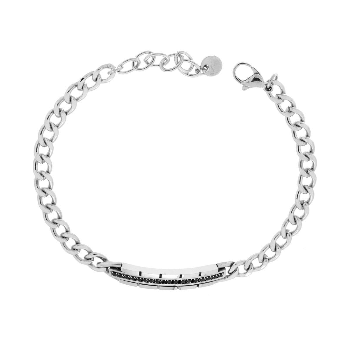 Bracciale Catena Grumetta Diamantata con Targa e Crystal Nero in ACCIAIO<BR>