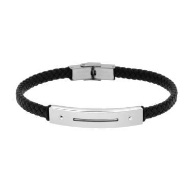 Bracciale Uomo in Ecopelle Intrecciata Nero con Targa in ACCIAIO<BR>