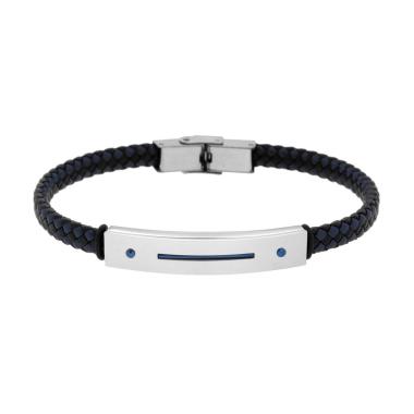 Bracciale Uomo in Ecopelle Intrecciata Nero e Blu con Targa con dettaglio in Blu in ACCIAIO<BR>