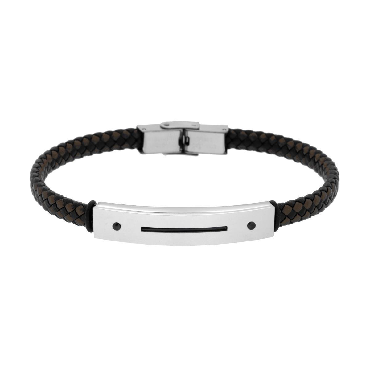 Bracciale Uomo in Ecopelle Intrecciata Nero e Marrone con Targa con dettaglio in Nero in ACCIAIO<BR>