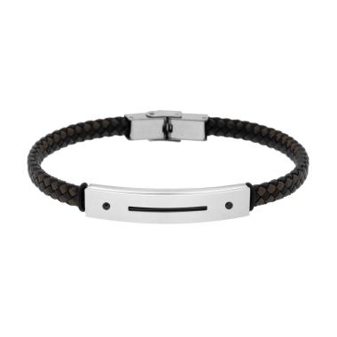 Bracciale Uomo in Ecopelle Intrecciata Nero e Marrone con Targa con dettaglio in Nero in ACCIAIO<BR>