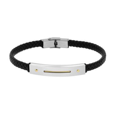 Bracciale Uomo in Ecopelle Intrecciata Nero con Targa con dettaglio in Oro in ACCIAIO<BR>