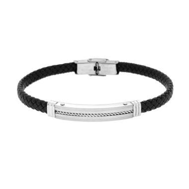 Bracciale Uomo in Ecopelle Intrecciata Nero con Targa con Corda in ACCIAIO<BR>