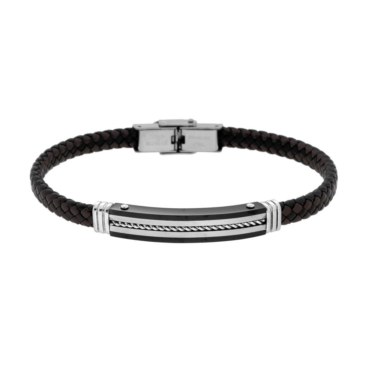 Bracciale Uomo in Ecopelle Intrecciata Nero e Marrone con Targa colore Nero con Corda in ACCIAIO<BR>