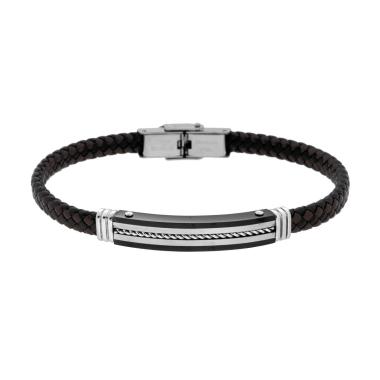 Bracciale Uomo in Ecopelle Intrecciata Nero e Marrone con Targa colore Nero con Corda in ACCIAIO<BR>
