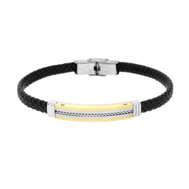 Bracciale Uomo in Ecopelle Intrecciata Nero con Targa colore Oro con Corda in ACCIAIO<BR>