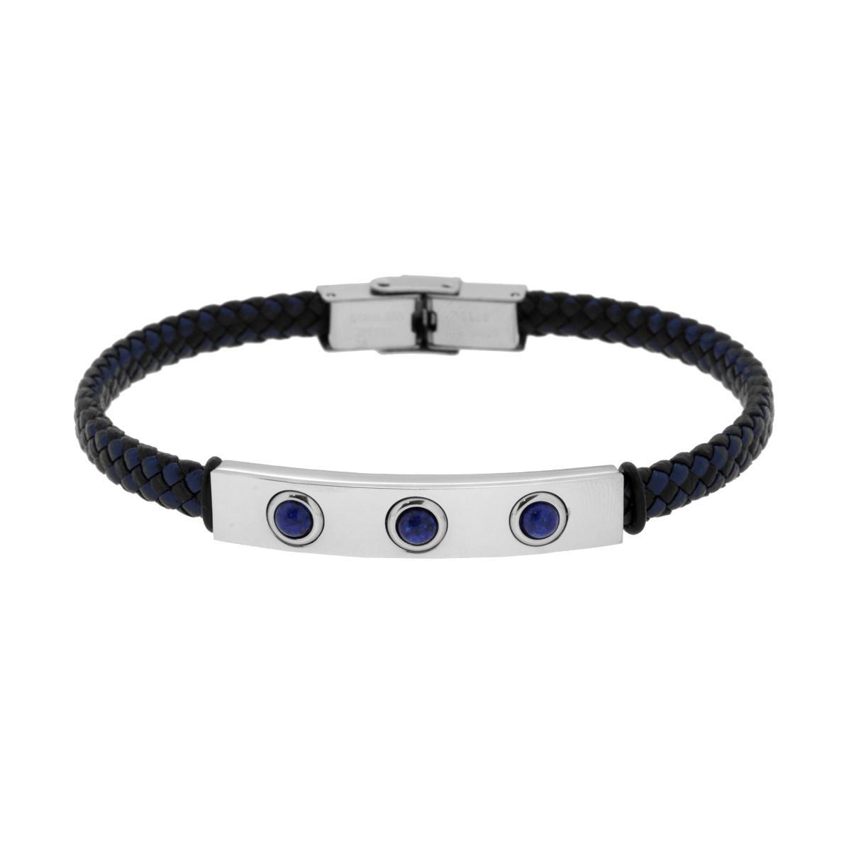 Bracciale Uomo in Ecopelle Intrecciata Nero e Blu con Targa con Pietre Blu Lapislazzuli in ACCIAIO<BR>