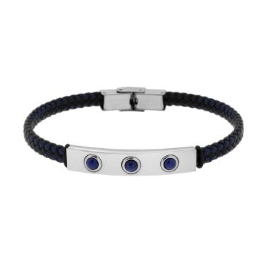 Bracciale Uomo in Ecopelle Intrecciata Nero e Blu con Targa con Pietre Blu Lapislazzuli in ACCIAIO<BR>