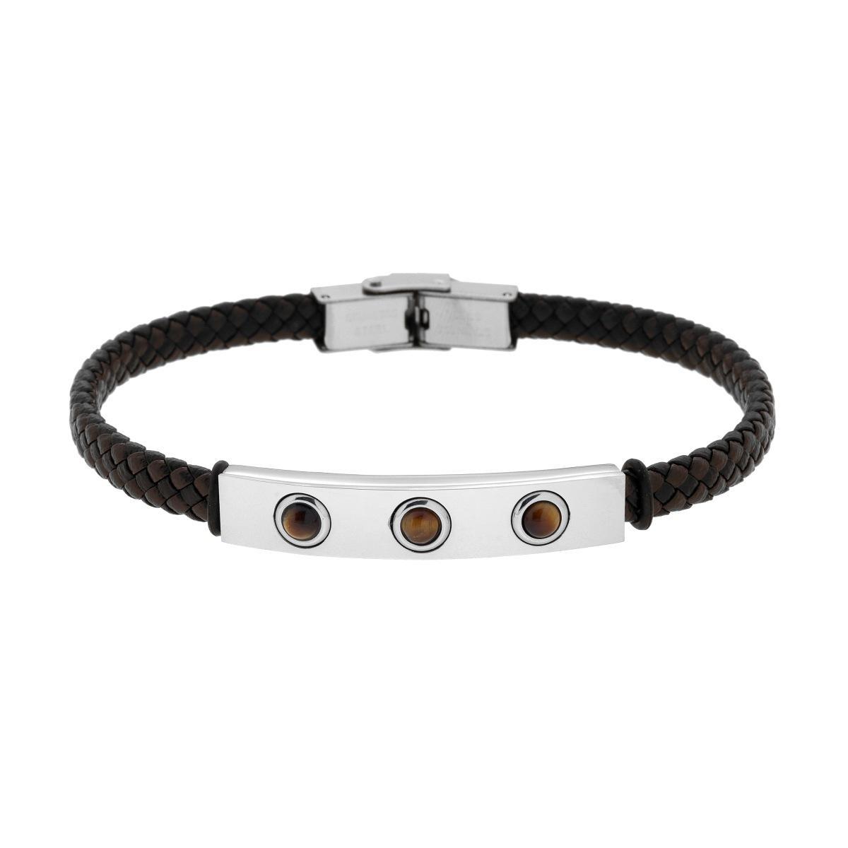 Bracciale Uomo in Ecopelle Intrecciata Nero e Marrone con Targa con Pietre Occhio di Tigre in ACCIAIO<BR>