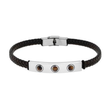 Bracciale Uomo in Ecopelle Intrecciata Nero e Marrone con Targa con Pietre Occhio di Tigre in ACCIAIO<BR>