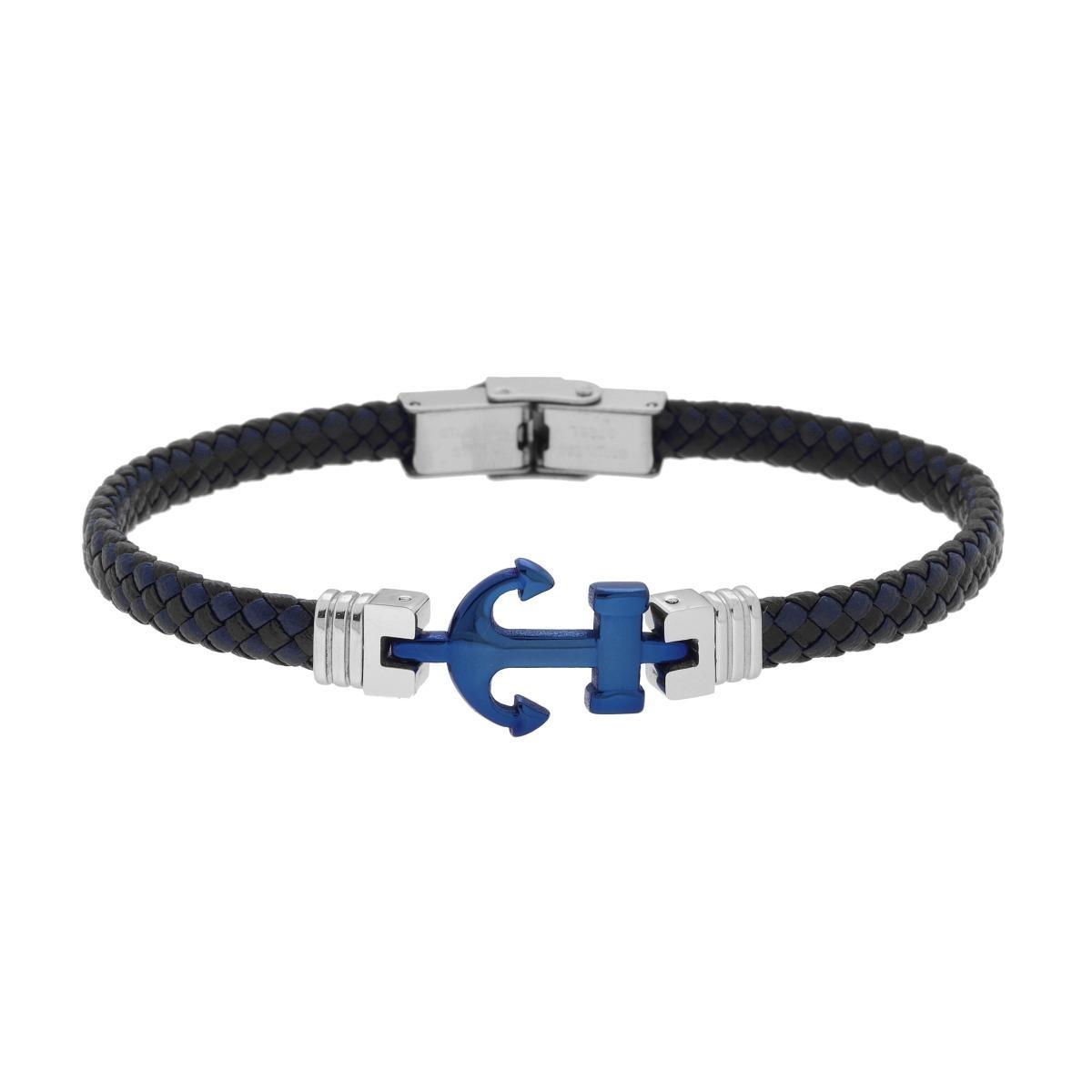 Bracciale Uomo in Ecopelle Intrecciata Nero e Blu con Ancora Blu in ACCIAIO<BR>