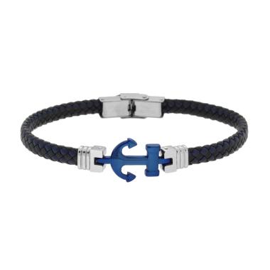 Bracciale Uomo in Ecopelle Intrecciata Nero e Blu con Ancora Blu in ACCIAIO<BR>