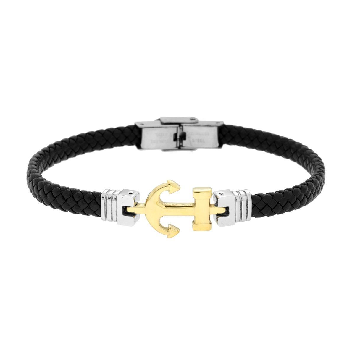 Bracciale Uomo in Ecopelle Intrecciata Nero con Ancora colore Oro in ACCIAIO<BR>