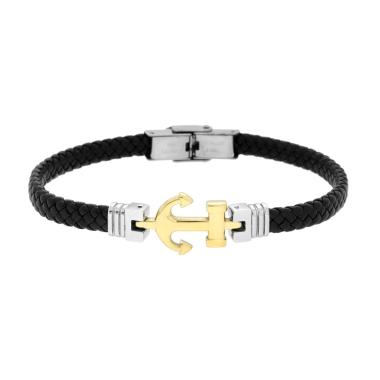 Bracciale Uomo in Ecopelle Intrecciata Nero con Ancora colore Oro in ACCIAIO<BR>