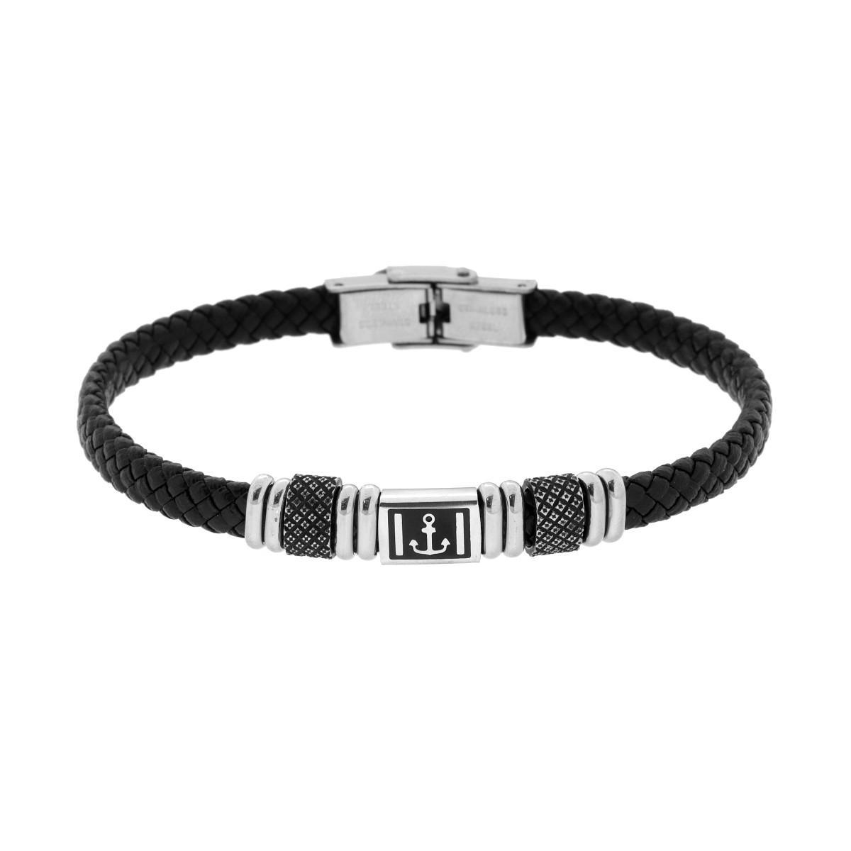 Bracciale Uomo in Ecopelle Intrecciata Nero con Accessori colore Brunito e Soggetto Ancora in ACCIAIO<BR>