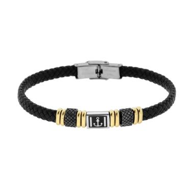 Bracciale Uomo in Ecopelle Intrecciata Nero con Accessori colore Oro e Brunito e Soggetto Ancora in ACCIAIO<BR>