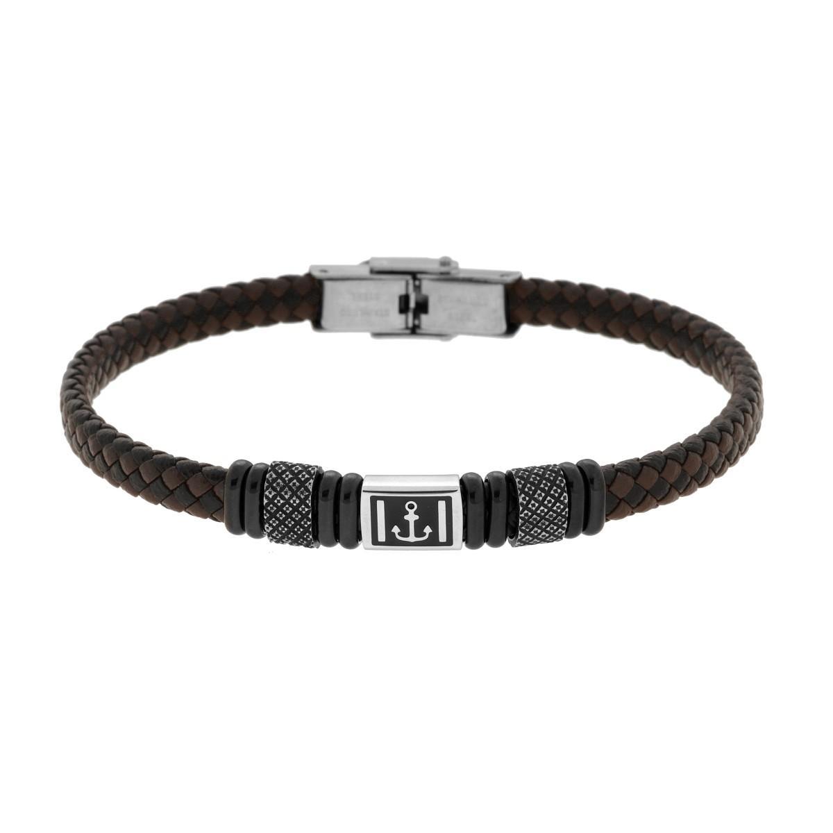 Bracciale Uomo in Ecopelle Intrecciata Nero e Marrone con Accessori colore Nero e Brunito e Soggetto Ancora in ACCIAIO<BR>