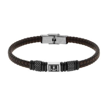 Bracciale Uomo in Ecopelle Intrecciata Nero e Marrone con Accessori colore Nero e Brunito e Soggetto Ancora in ACCIAIO<BR>