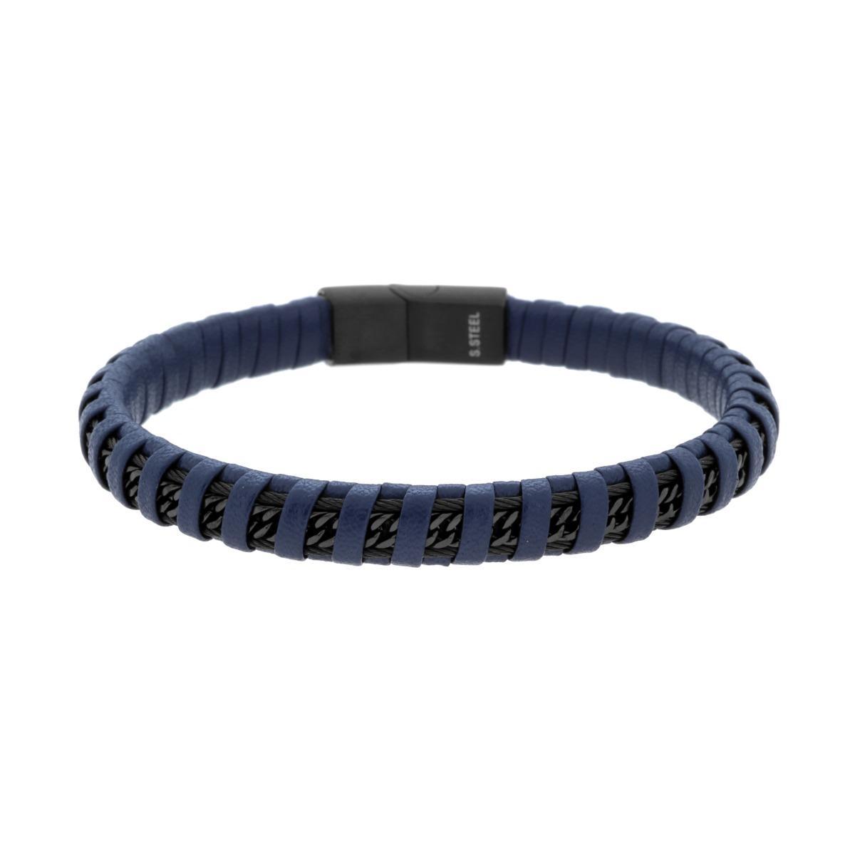 Bracciale Uomo in Ecopelle Intrecciata Blu con Catena Grumetta Diamantata in ACCIAIO colore Nero<BR>