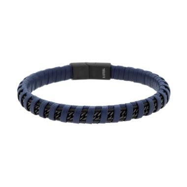 Bracciale Uomo in Ecopelle Intrecciata Blu con Catena Grumetta Diamantata in ACCIAIO colore Nero<BR>