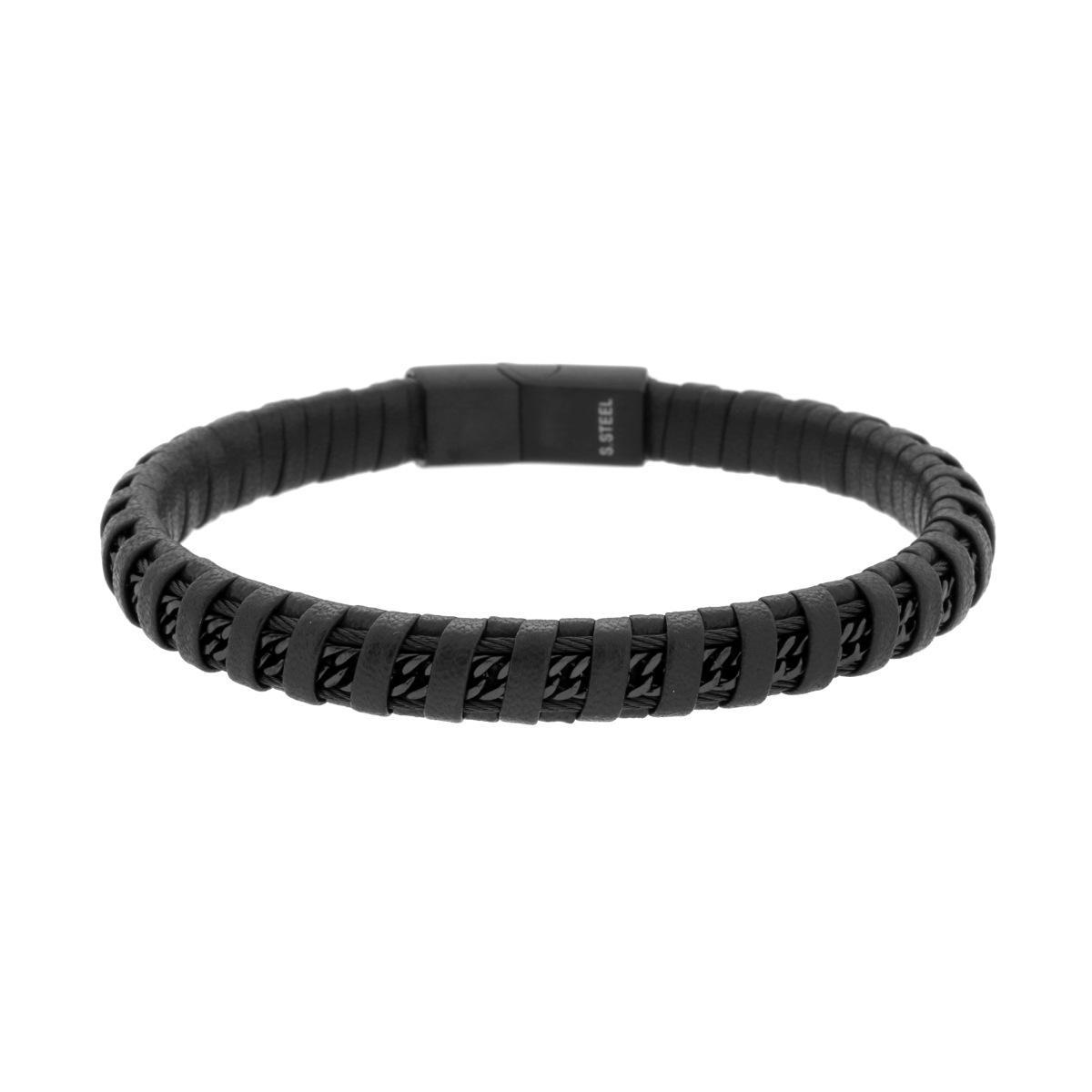 Bracciale Uomo in Ecopelle Intrecciata Nero con Catena Grumetta Diamantata in ACCIAIO colore Nero<BR>